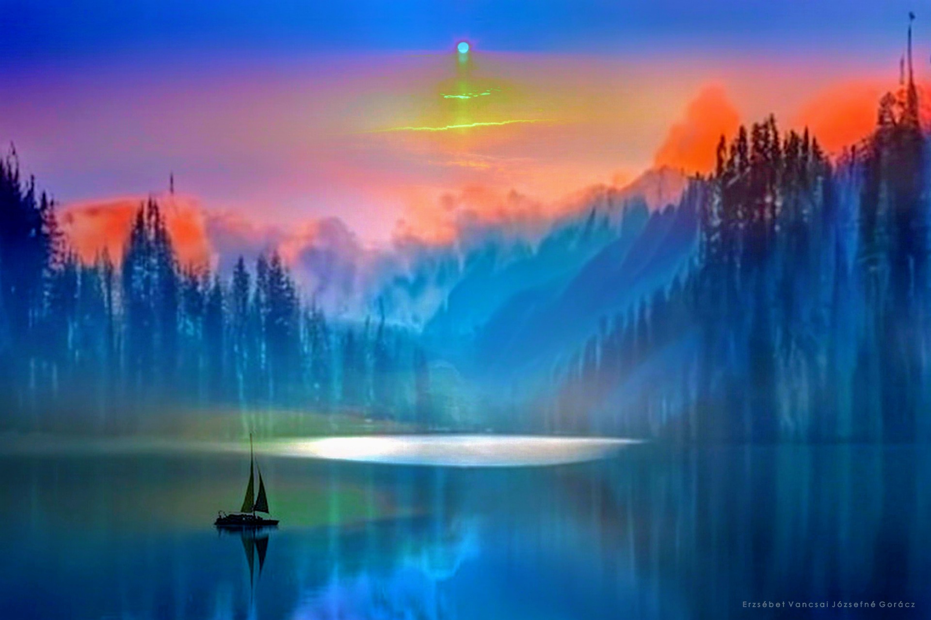 masted sailboat at the mountain lake